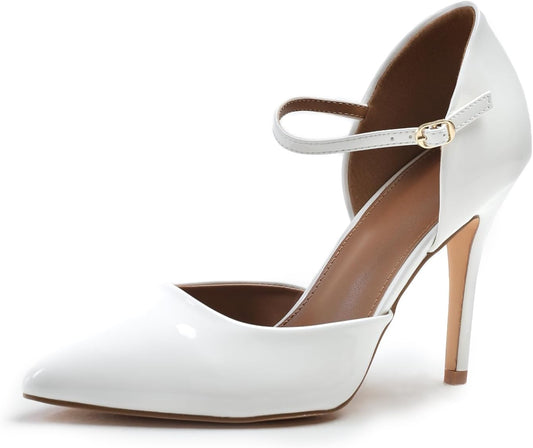 Women's High Heel Court Shoes - Vegan Pointed Toe Stiletto Pumps with Ankle Strap for Office & Occasions | UK