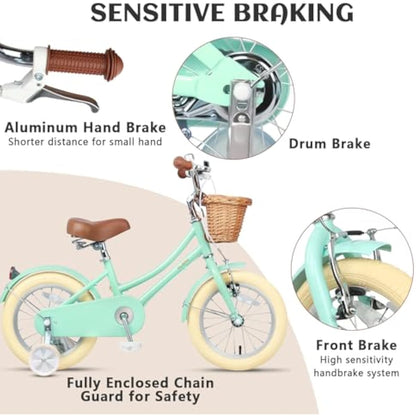 GLERC Little Molly Kids Retro Girls Bike with Basket, Stabilisers and Kickstand