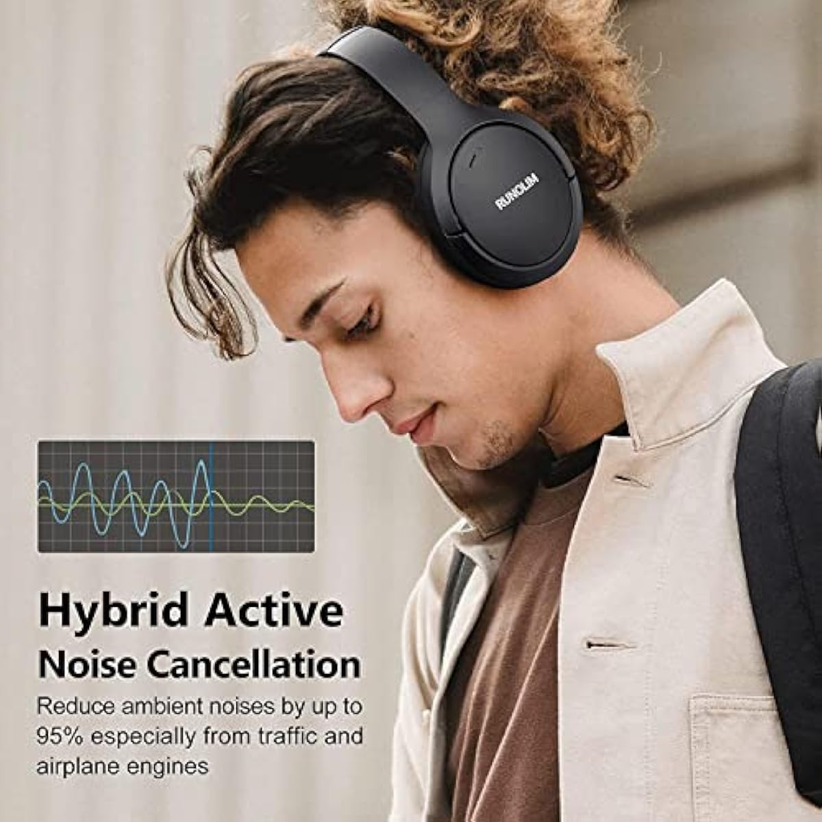 RUNOLIM Hybrid Active Noise Cancelling Headphones, Wireless Over Ear Bluetooth Headphones with Microphone, 70H Playtime, Foldable Wireless Headphones with HiFi Audio, Deep Bass for Home Travel Office