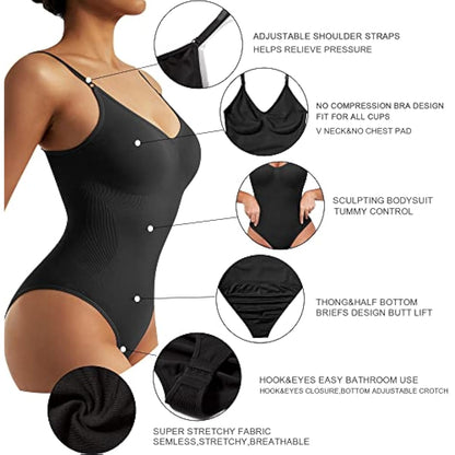 Women's Tummy Control Sculpting Bodysuit | Backless Thong Shapewear Body Shaper — Black