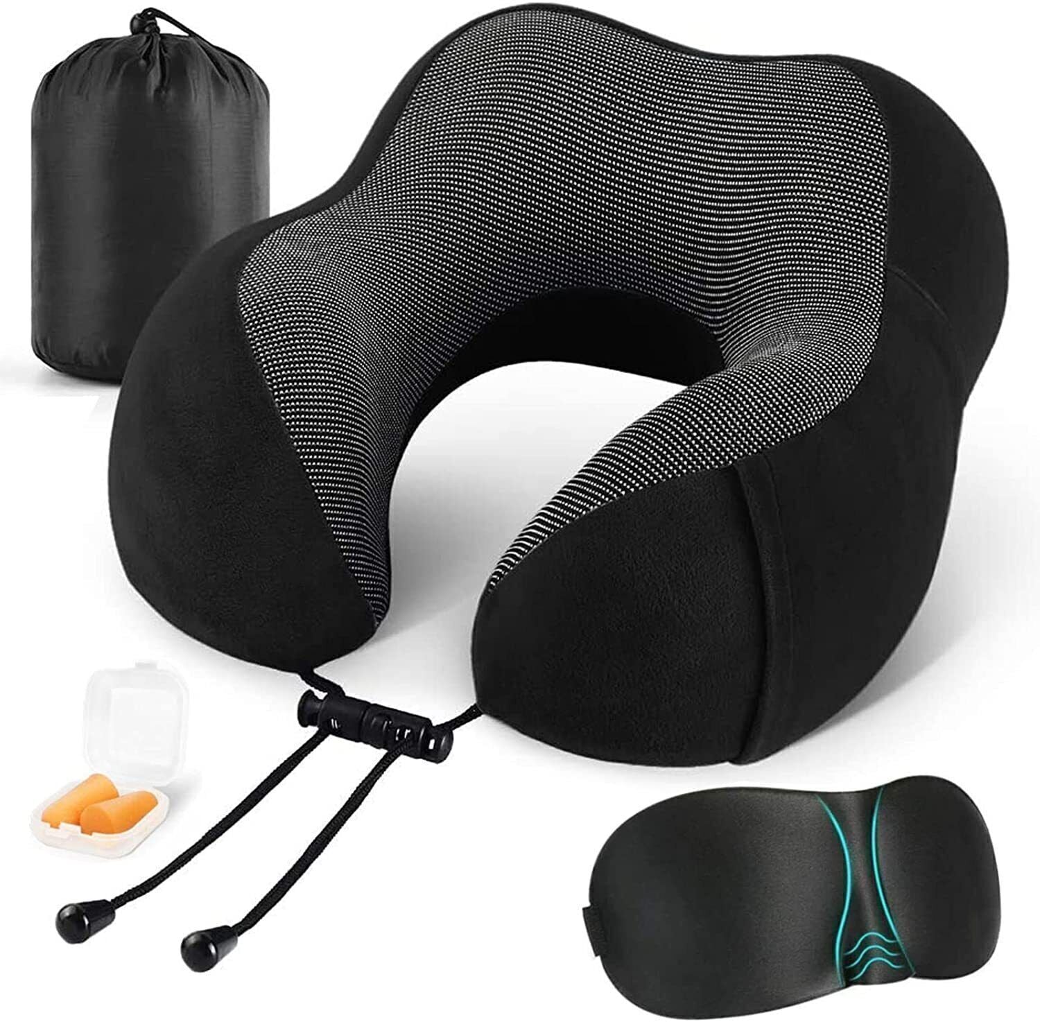 Memory Foam U-Shaped Travel Pillow – Neck Support Soft Headrest for Car Plane & Office – Includes Eye Mask Earplugs &