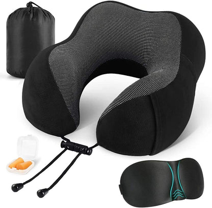 Memory Foam U-Shaped Travel Pillow – Neck Support Soft Headrest for Car Plane & Office – Includes Eye Mask Earplugs &
