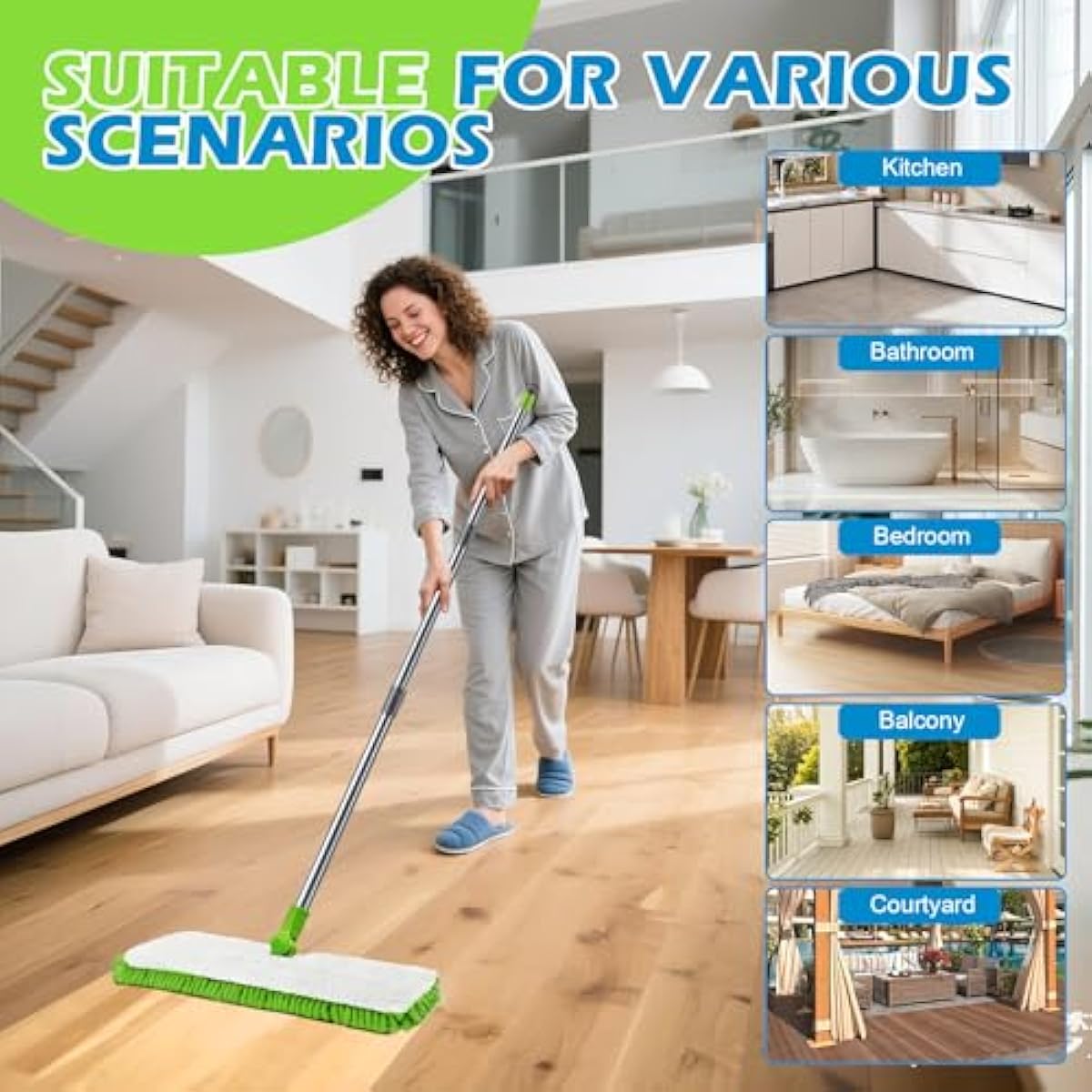Masthome Flat Mop for Floor Cleaning – Double-Sided Microfibre Mop with 4 Washable Pads