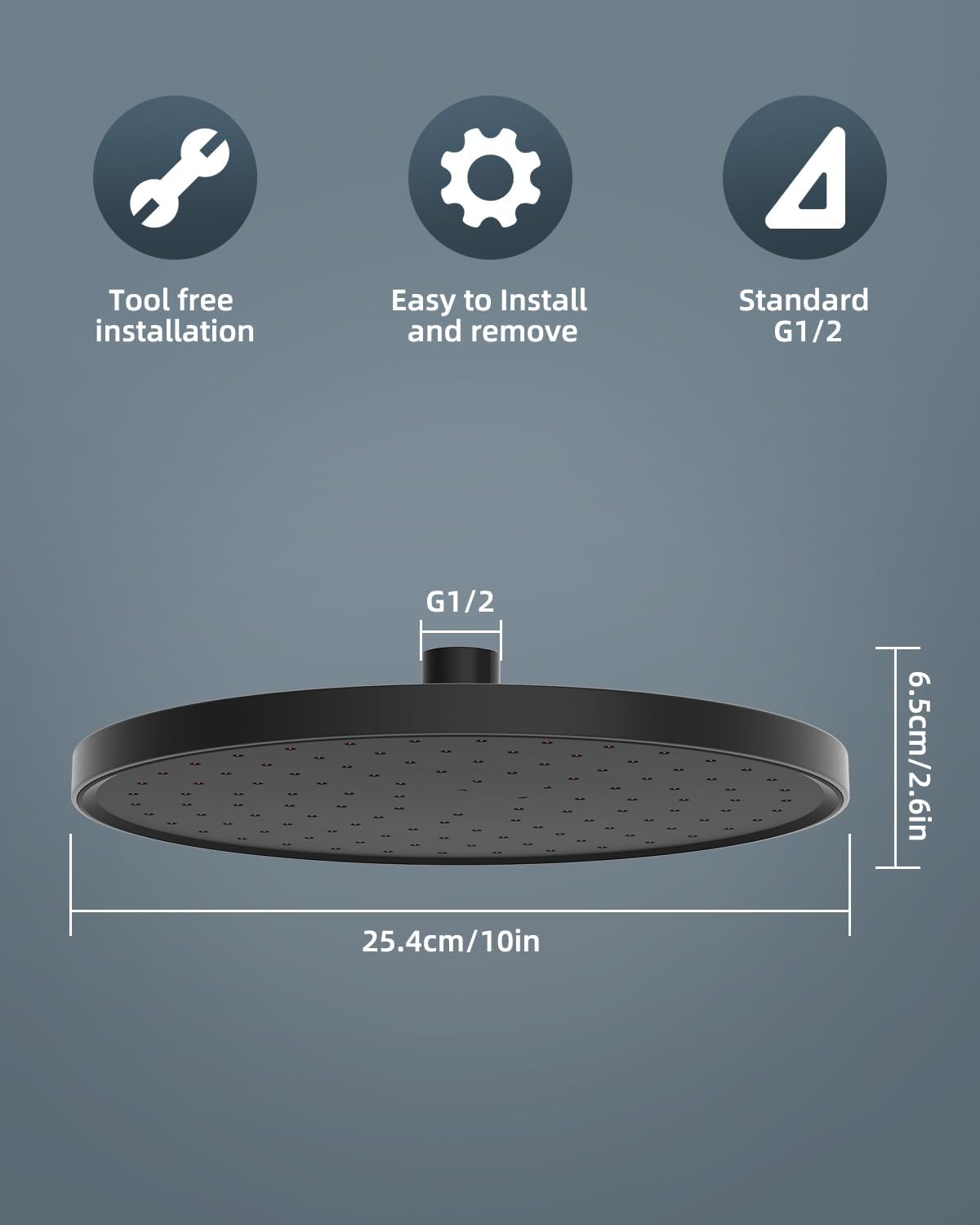 Hibbent 10" Round Rainfall Shower Head – Fixed Overhead Shower Head with Self‑Cleaning Nozzles (Black)