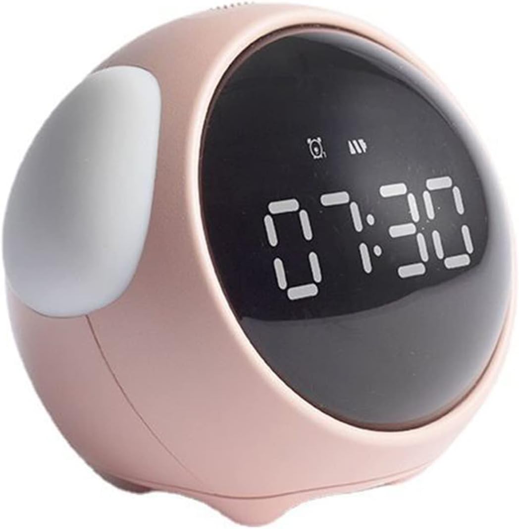 Kids Alarm Clock with Night Light & Sleep Trainer | USB Rechargeable, Emoji Face, Voice Activated — Pink