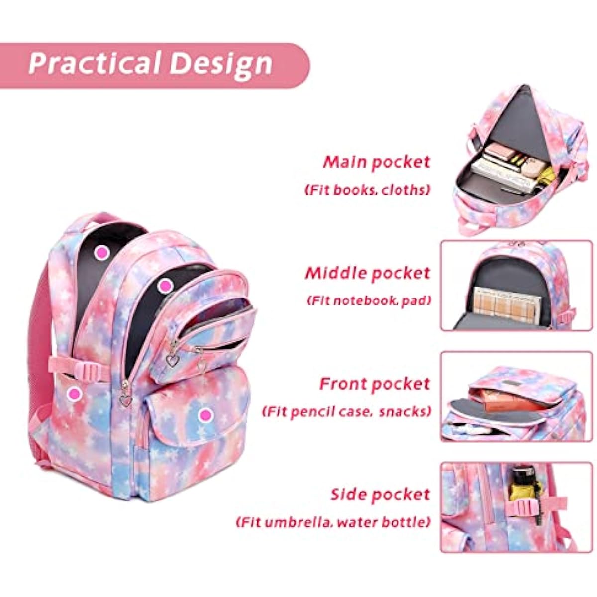 Girls School Bag Set 3-Piece | 22L Backpack, Lunch Bag & Pencil Case — Ages 10–14, Pink Star