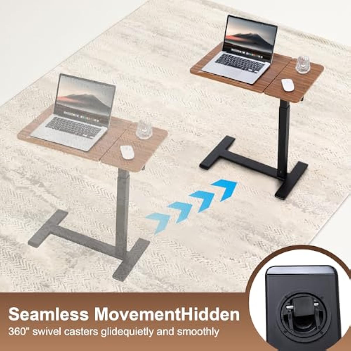 FROMANN Adjustable Overbed Table with Wheels – Tilt Rolling C-Shaped Laptop Desk Black