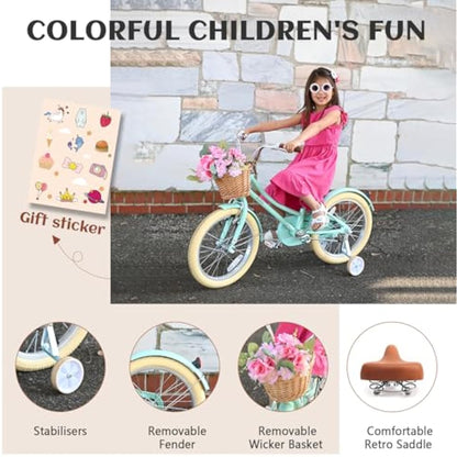 GLERC Little Molly Kids Retro Girls Bike with Basket, Stabilisers and Kickstand