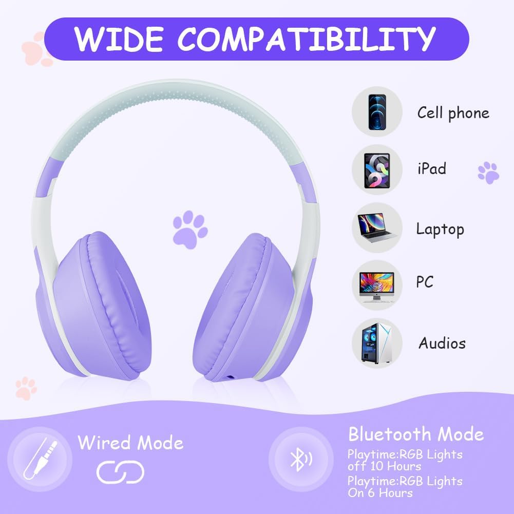 AXFEE Bluetooth Kids Headphones – LED Light Up Wireless/Wired Stereo Headset – Bluetooth 5.1 Foldable Over-Ear