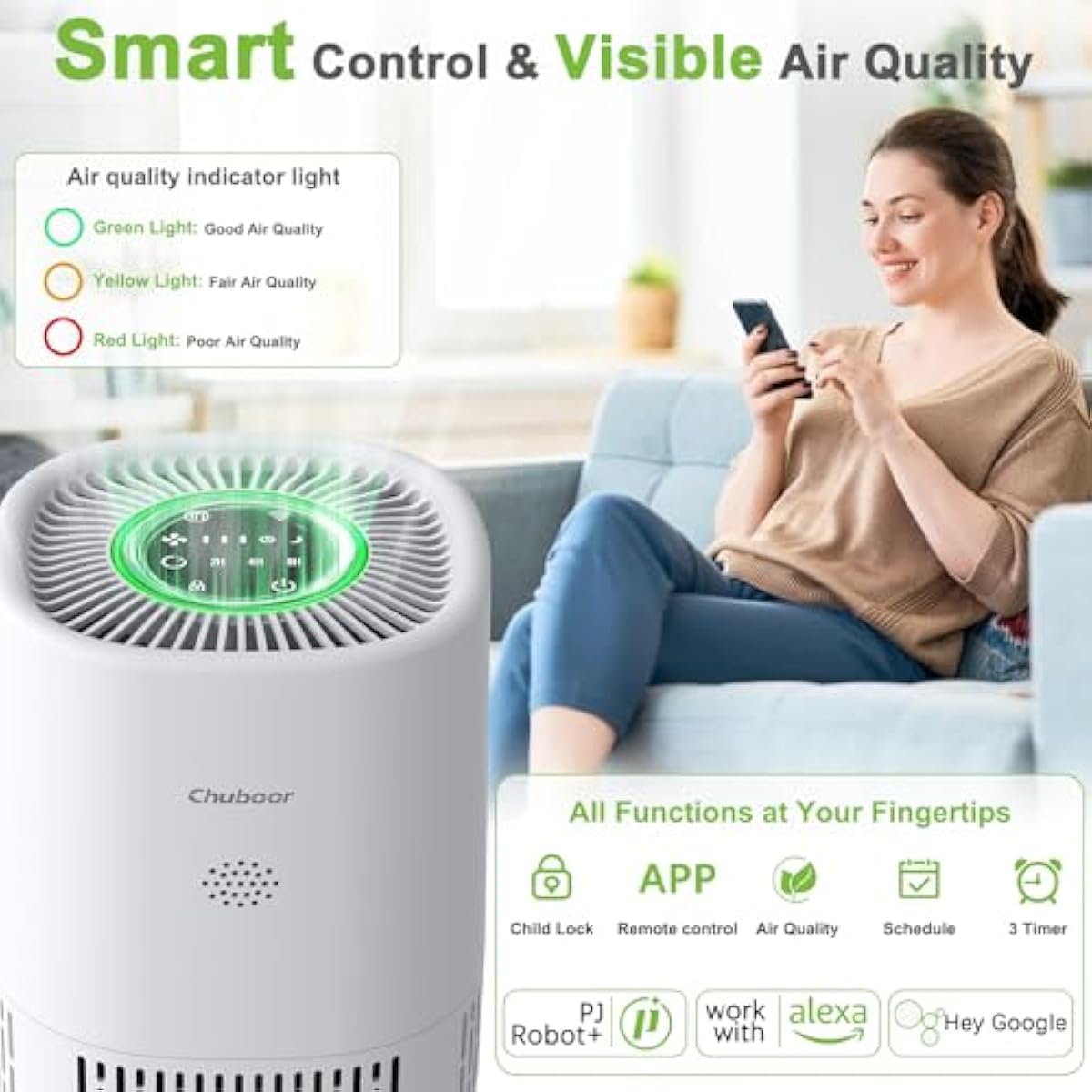 CHUBOOR Smart Air Purifier PJ07 – H13 HEPA, CADR 250m³/h, App & Alexa Control, Quiet Sleep Mode