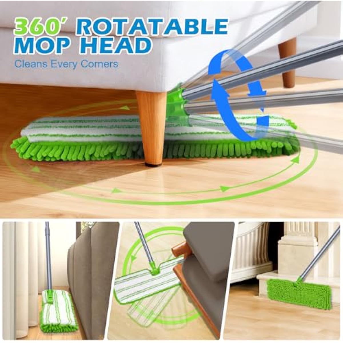 Masthome Flat Mop for Floor Cleaning – Double-Sided Microfibre Mop with 4 Washable Pads
