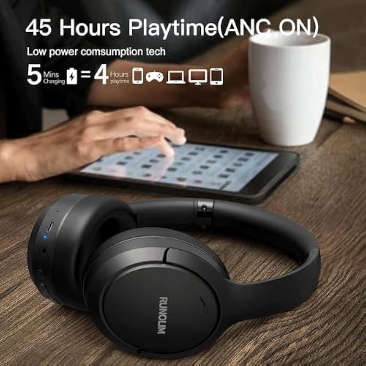 RUNOLIM Hybrid Active Noise Cancelling Headphones, Wireless Over Ear Bluetooth Headphones with Microphone, 70H Playtime, Foldable Wireless Headphones with HiFi Audio, Deep Bass for Home Travel Office