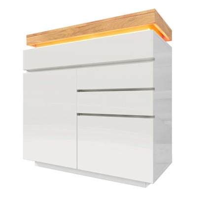 High-Gloss Sideboard Cabinet with RGB LED Lighting | 2 Doors & 3 Drawers, App-Controlled, White — 110 x 115 x 39 cm