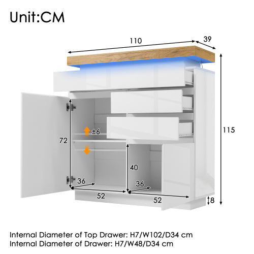 High-Gloss Sideboard Cabinet with RGB LED Lighting | 2 Doors & 3 Drawers, App-Controlled, White — 110 x 115 x 39 cm