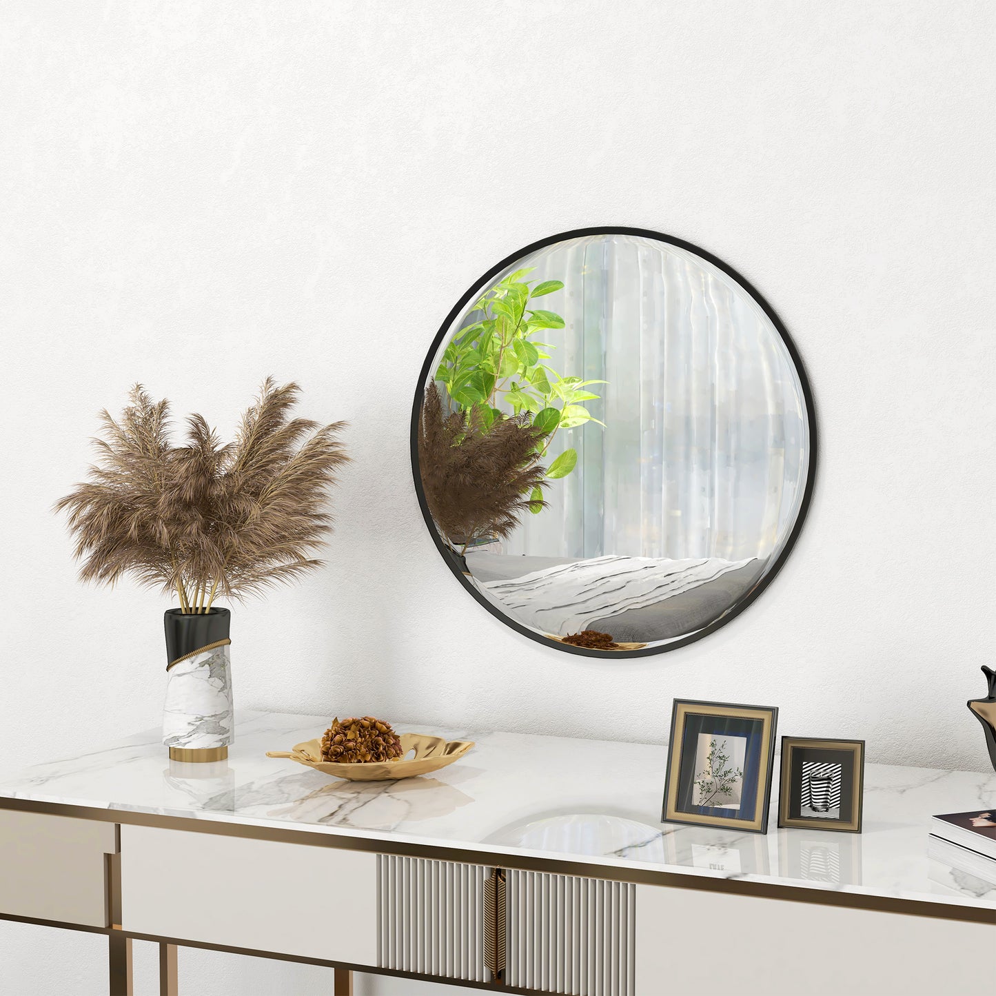 61cm Round Decorative Wall Mirror – Modern Black Frame (Bedroom, Living Room, Bathroom)