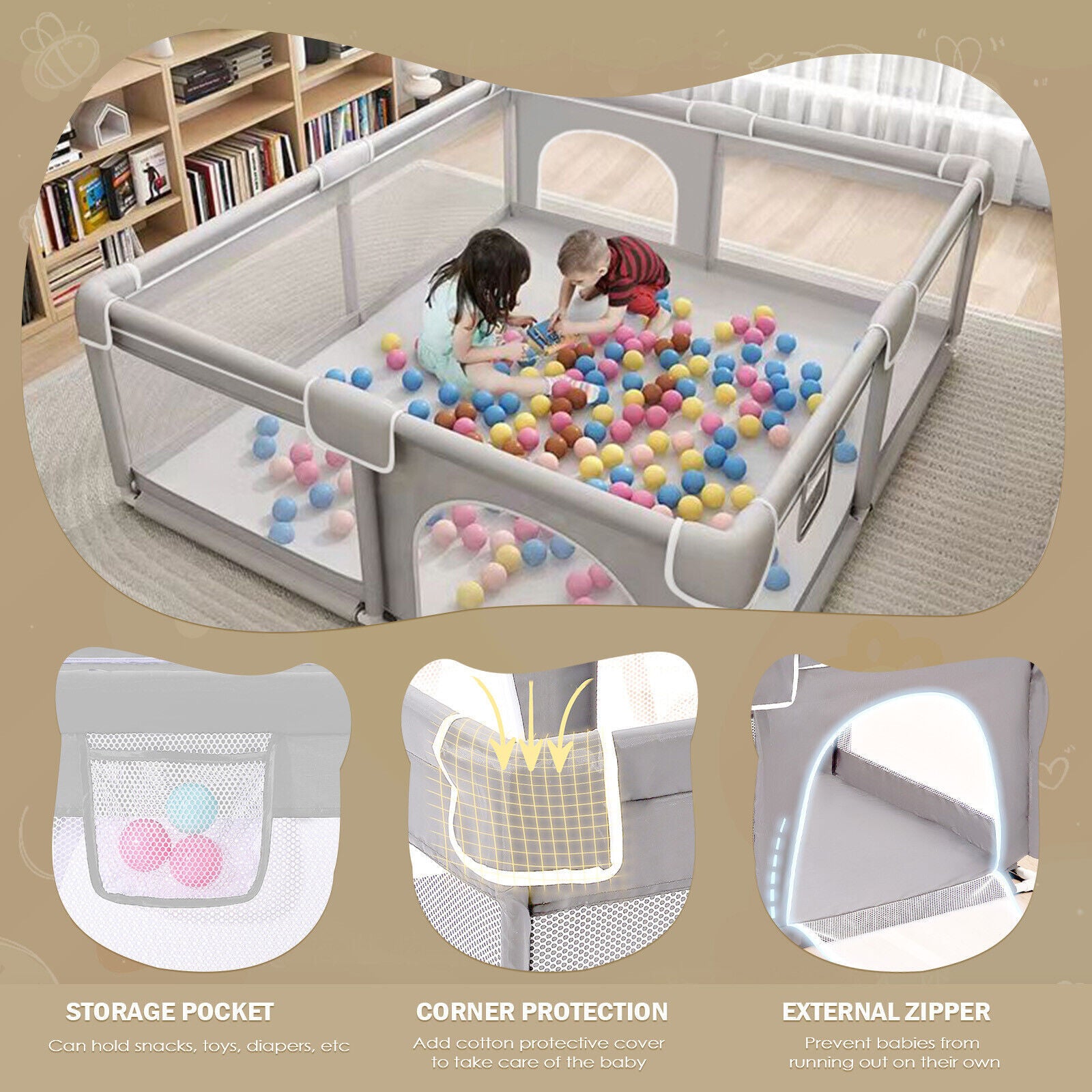 Baby Playpen with Mat – Indoor & Outdoor Activity Fence for Toddlers - Grey