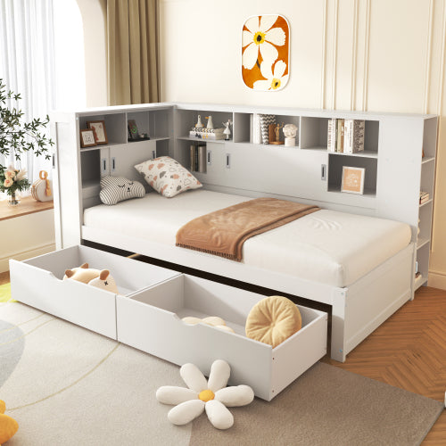 Single Platform Bed with L-Shape Wrap-Around Storage, Pull-Out Trundle & Integrated UK Mains Sockets + USB Charging | 3ft (90×190cm) | White