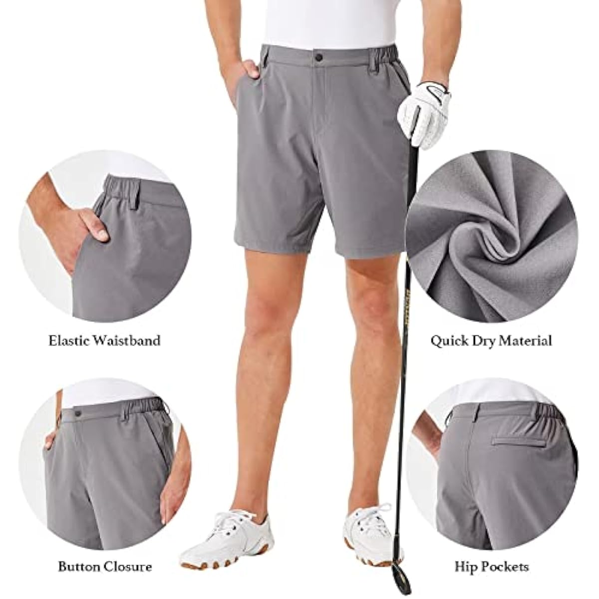 Men's Stretch Golf & Hiking Shorts | 9" Inseam, Quick Dry, 3 Pockets — Brown, Grey, Light Green