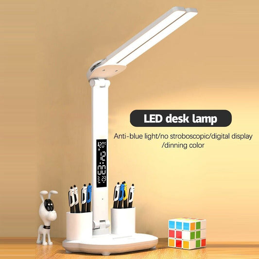 LED Reading Desk Lamp – Dimmable, USB Powered, Double Head, Foldable Table Night Light – White