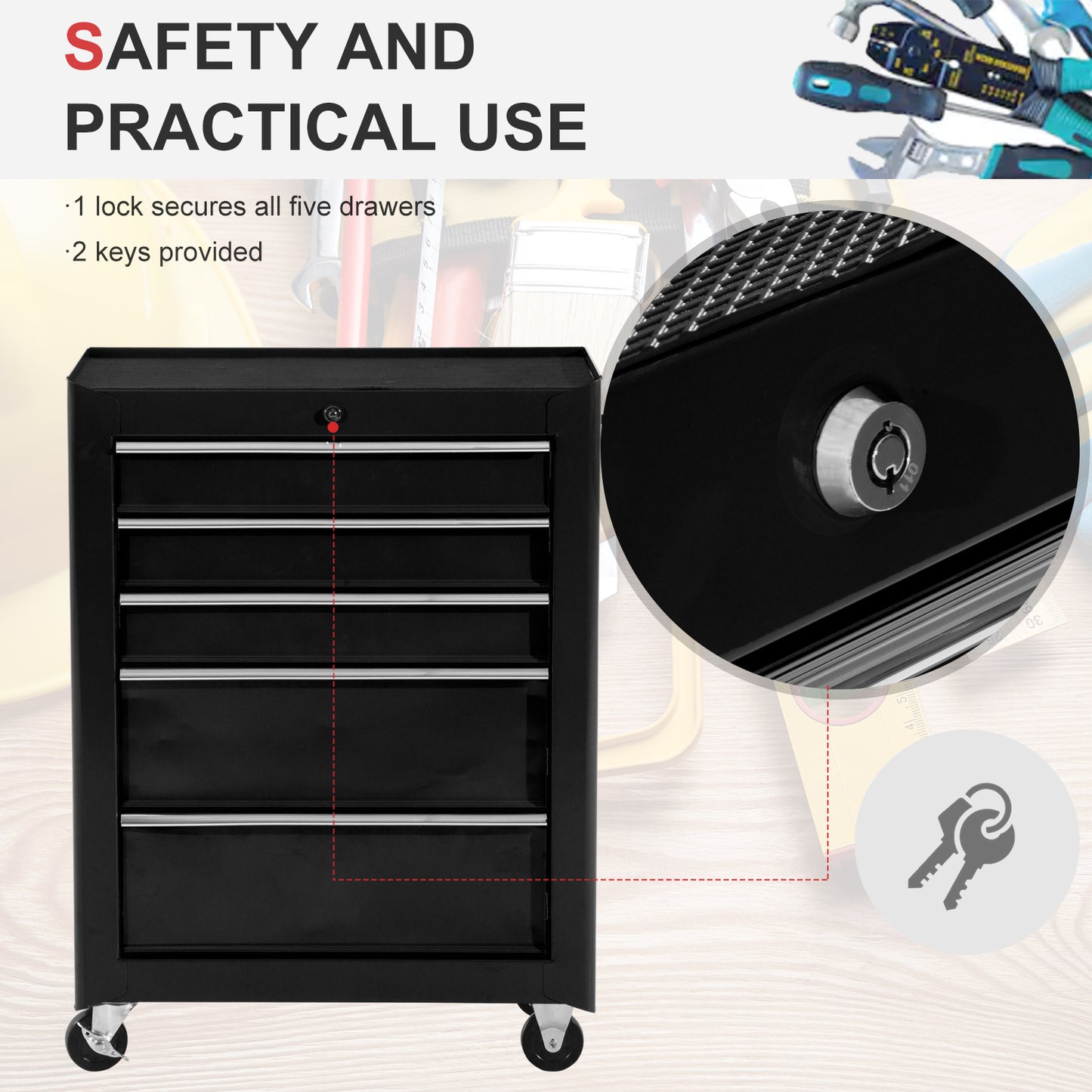 HOMCOM 5-Drawer Tool Box on Wheels | Lockable Garage Storage Cabinet, Black