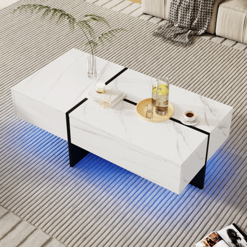 High‑Gloss Coffee Table – White Marble‑Effect Top with Black Risers + App‑Controlled LED Lights