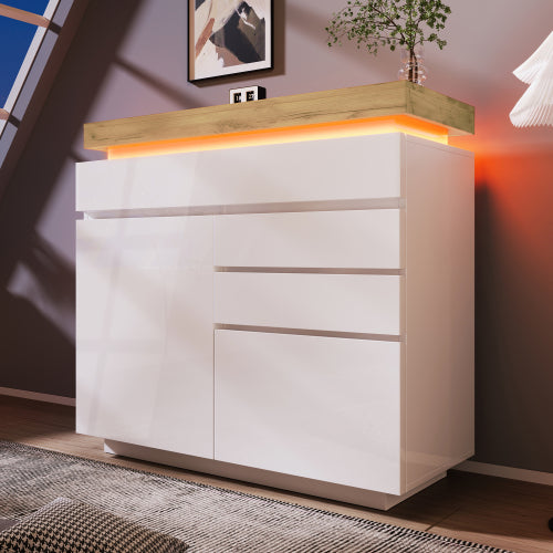 High-Gloss Sideboard Cabinet with RGB LED Lighting | 2 Doors & 3 Drawers, App-Controlled, White — 110 x 115 x 39 cm