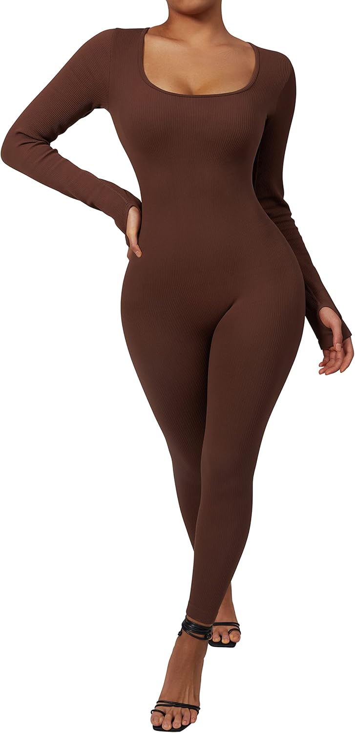 DOULAFASS Women's Ribbed Seamless Jumpsuit | Long Sleeve Yoga Workout Outfit