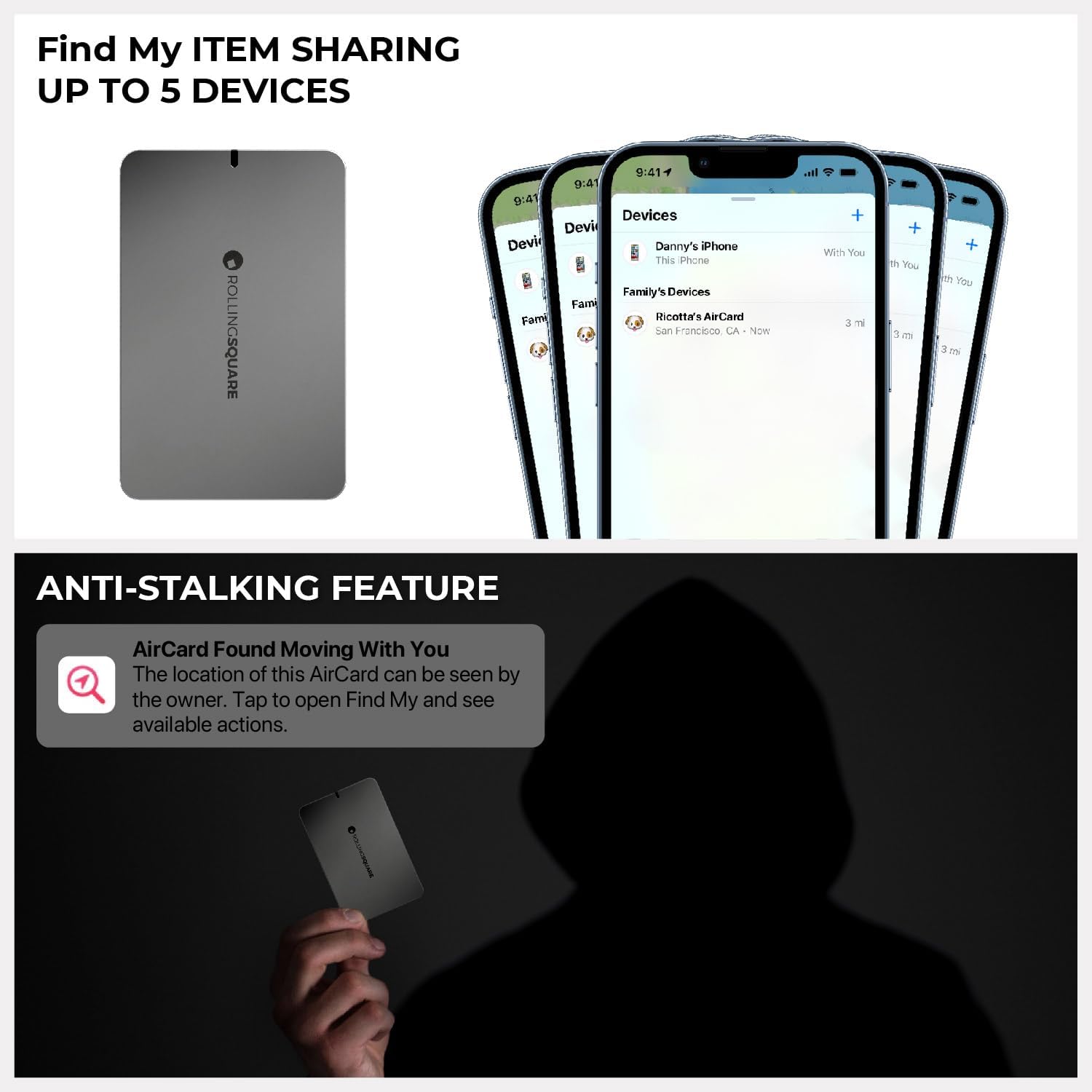 Rolling Square AirCard E – Ultra Slim Bluetooth Tracker & QR Code Business Card | Compatible with Apple Find
