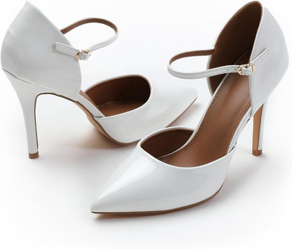 Women's High Heel Court Shoes - Vegan Pointed Toe Stiletto Pumps with Ankle Strap for Office & Occasions | UK
