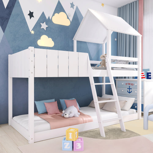 Wooden Mid Sleeper Bed (3ft Single) – Treehouse Canopy Loft Bed with Ladder & Guard Rail (90×190cm) | White | UK