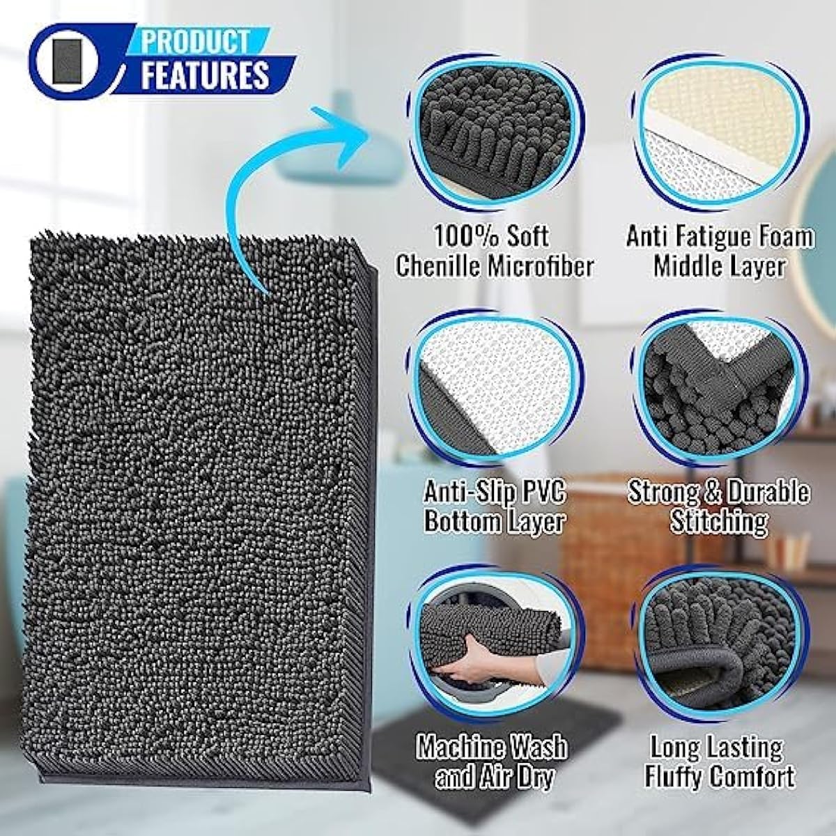 MAYSHINE Chenille Bath Mat – Non-Slip & Absorbent, Machine Washable Toilet Mat – Soft Plush Bathroom Rug, Bathroom Accessory (Charcoal Grey, 50x80cm)