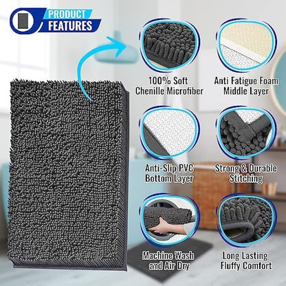MAYSHINE Chenille Bath Mat – Non-Slip & Absorbent, Machine Washable Toilet Mat – Soft Plush Bathroom Rug, Bathroom Accessory (Charcoal Grey, 50x80cm)