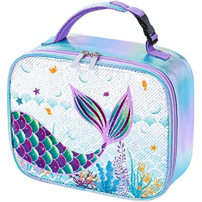 Girls Sequin Mermaid Insulated Lunch Bag | Waterproof Lunch Box with Handle & Pocket — Blue