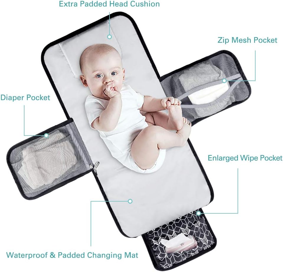 Lekebaby Portable Changing Mat – Baby Nappy Changing Mat for Travel with Wipe Pocket & Head Cushion