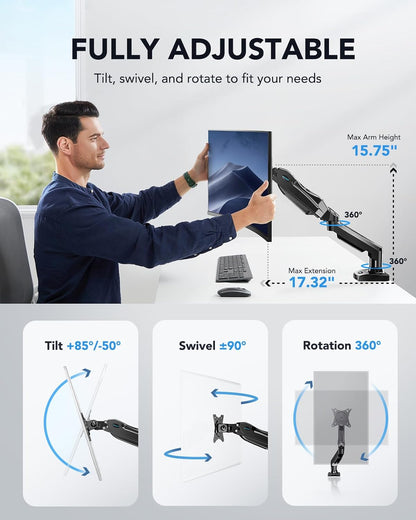 Single Monitor Arm Desk Mount | 13–32” Screens, Tool-Free Height Adjust, Tilt Swivel Rotate, VESA 75/100mm — Black