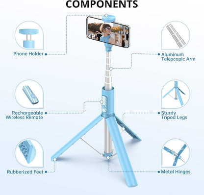 ATUMTEK 1.4m Selfie Stick Tripod – Extendable Aluminium with Bluetooth Remote for iPhone, Samsung & More | Light Blue | UK