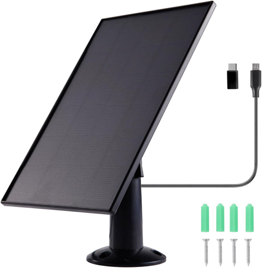 8W Solar Panel Charger for Security Cameras – Micro USB + USB‑C, 9.8ft Cable, 360° Adjustable Mount (Black)