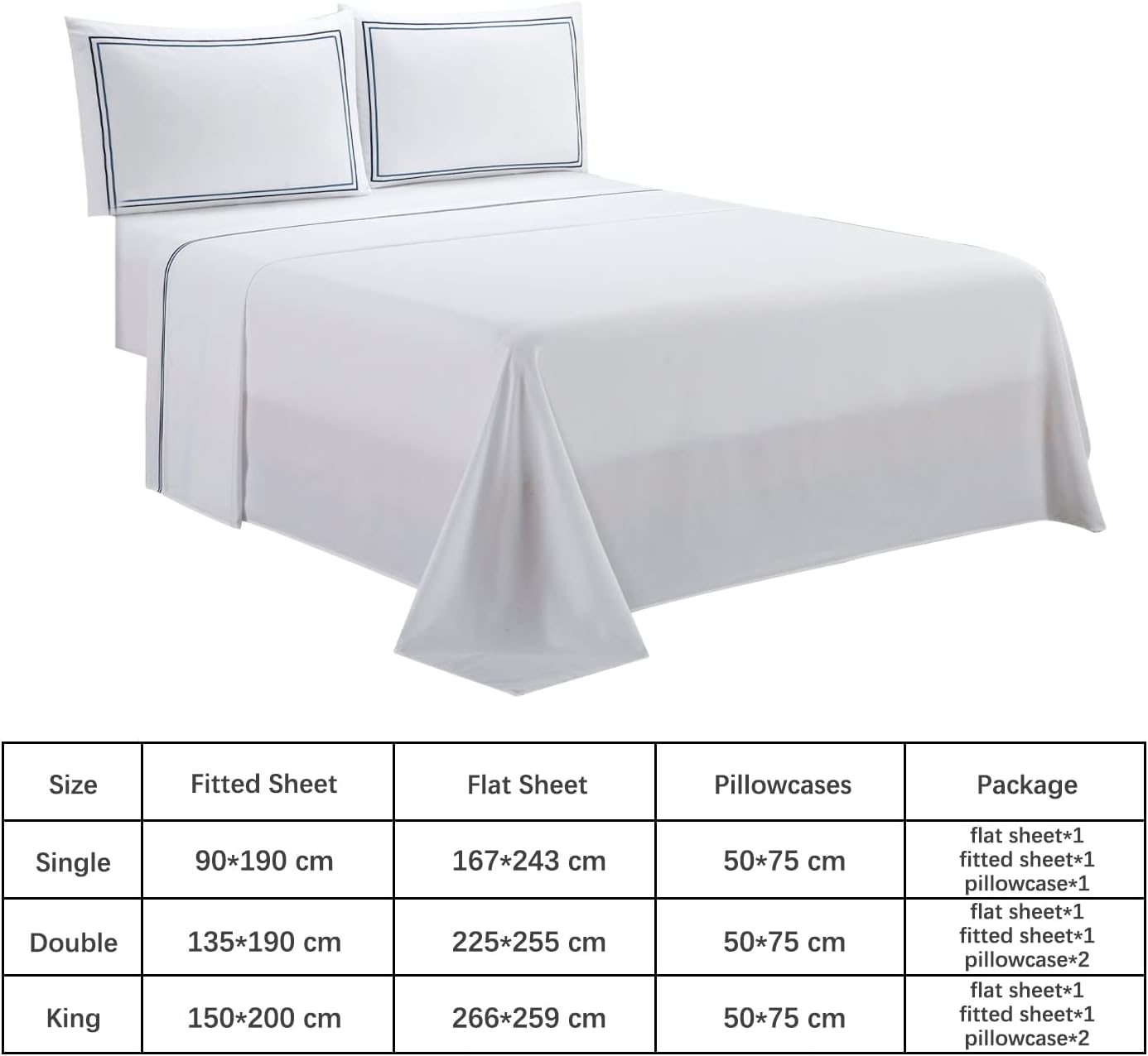 OSVINO King Sheet Set (3/4pcs) – Microfibre Bedding Set with Blue Line Embroidery, Deep Pocket 14–35cm