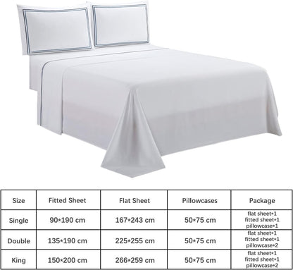 OSVINO King Sheet Set (3/4pcs) – Microfibre Bedding Set with Blue Line Embroidery, Deep Pocket 14–35cm