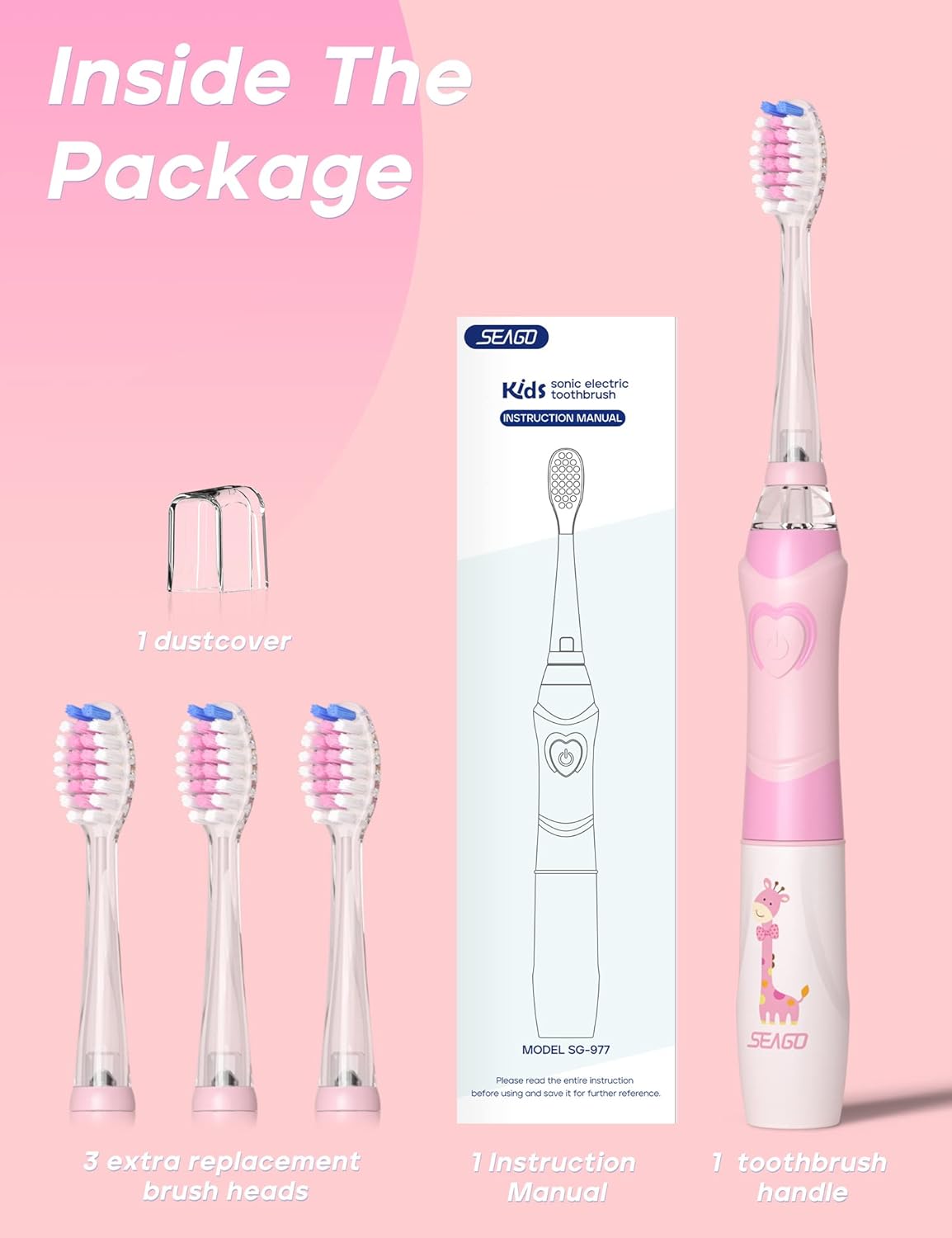 Seago Kids Electric Toothbrush SG977 – Battery-Powered with Timer, LED Light & 4 Soft Brush Heads | Ages 3+ | Pink | UK