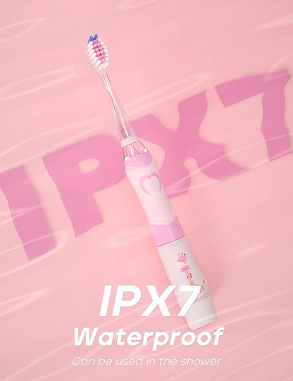 Seago Kids Electric Toothbrush SG977 – Battery-Powered with Timer, LED Light & 4 Soft Brush Heads | Ages 3+ | Pink | UK