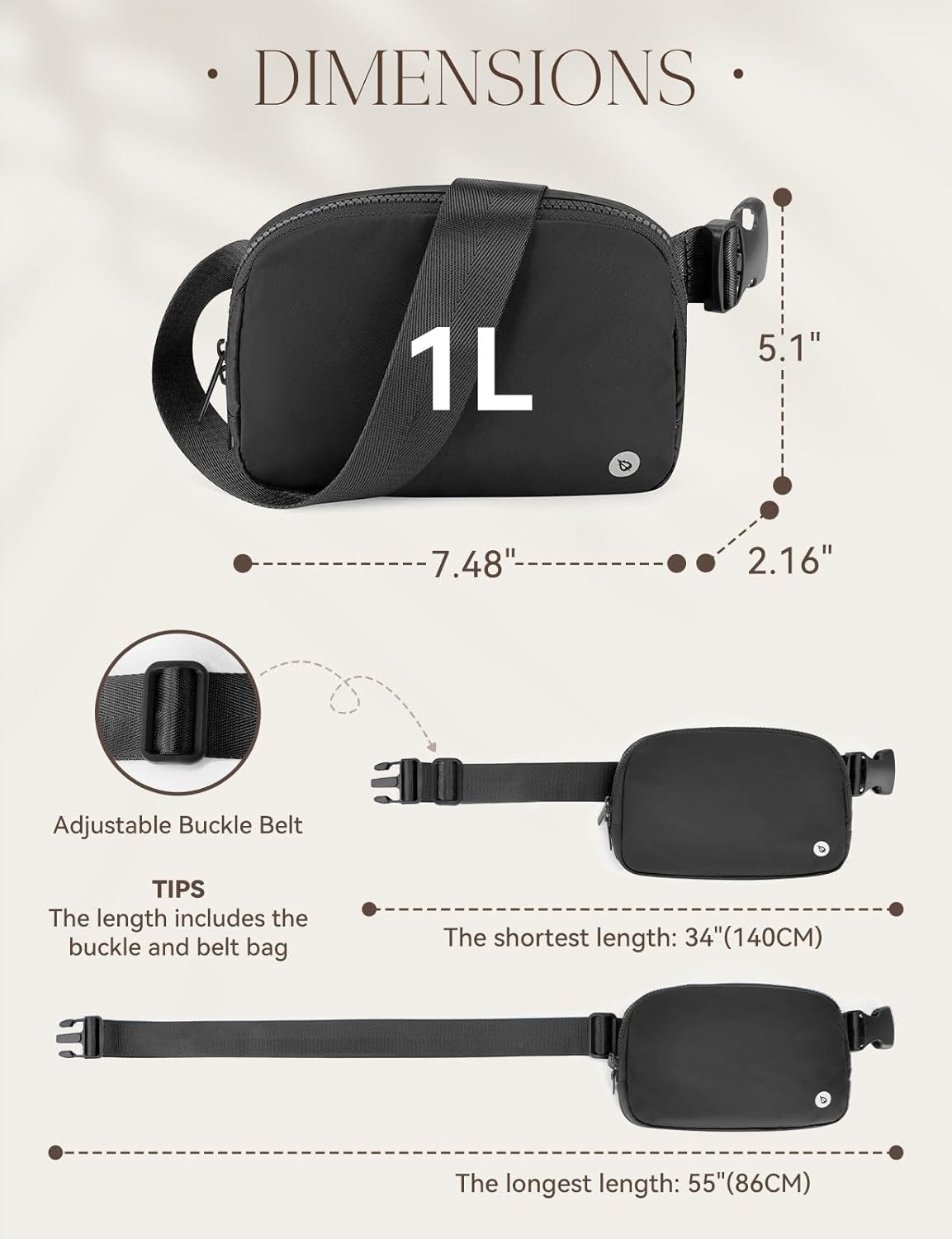 BALEAF Belt Bag Women Crossbody Fanny Pack Fashion Waist Packs Adjustable Strap Black 1L