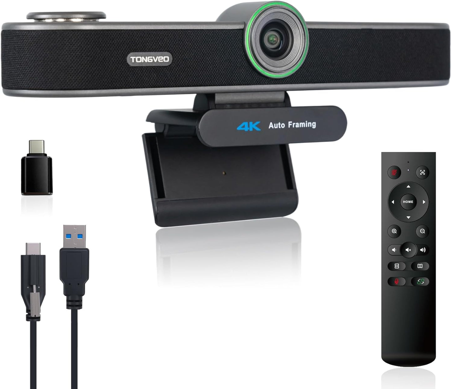 Tongveo AI Tracking 4K Webcam – 5x Zoom, ePTZ, 4 Mics + Speaker, Remote Control (Wide Angle)