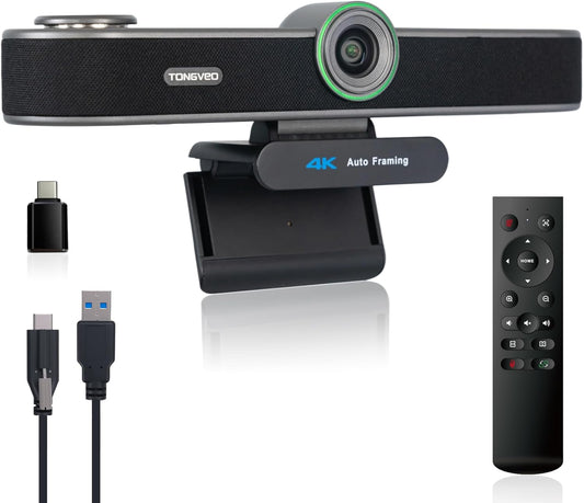 Tongveo AI Tracking 4K Webcam – 5x Zoom, ePTZ, 4 Mics + Speaker, Remote Control (Wide Angle)