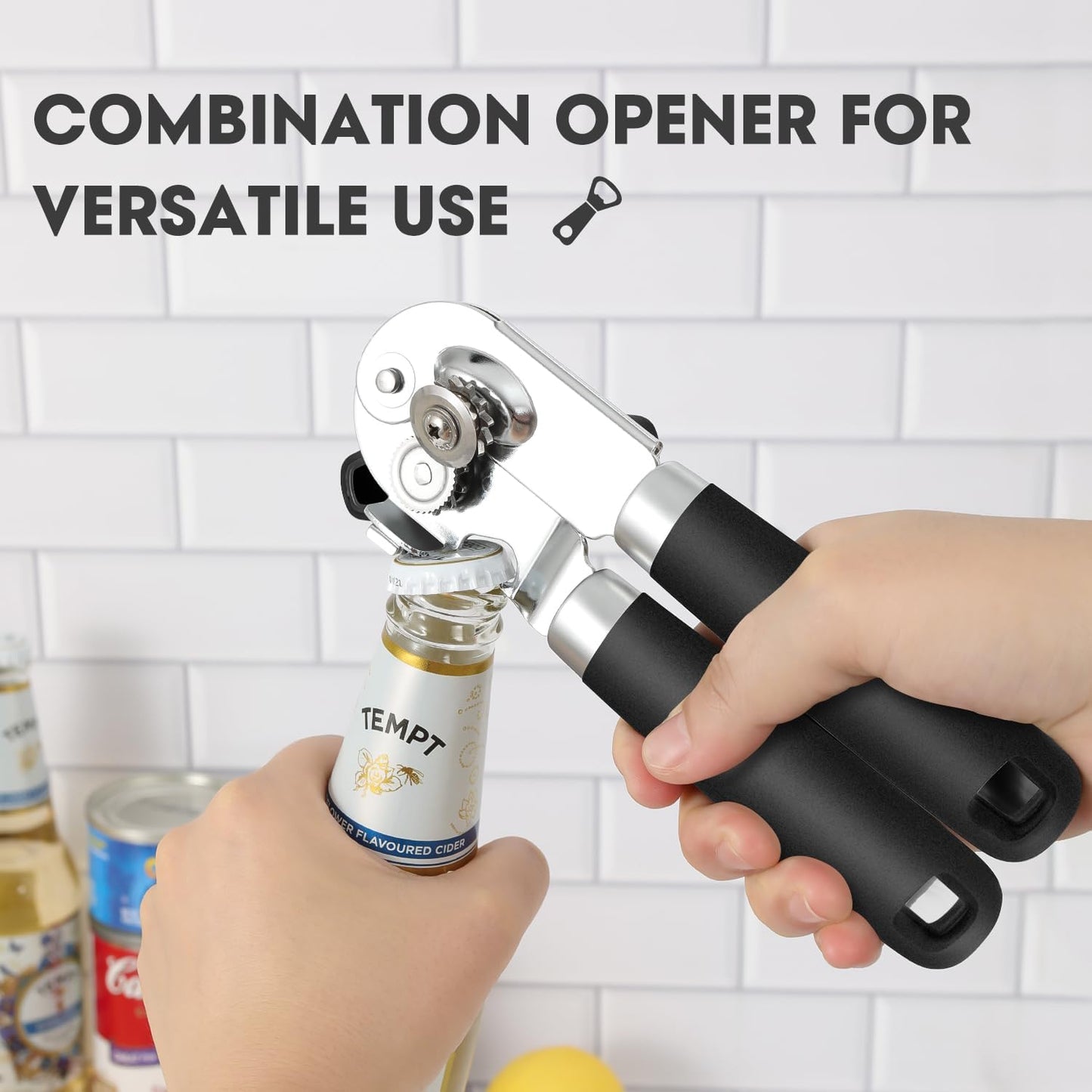 UHIYEE Manual Tin Can Opener – Stainless Steel, Soft Grip Handles, Magnetic Lid Lifter (Black)