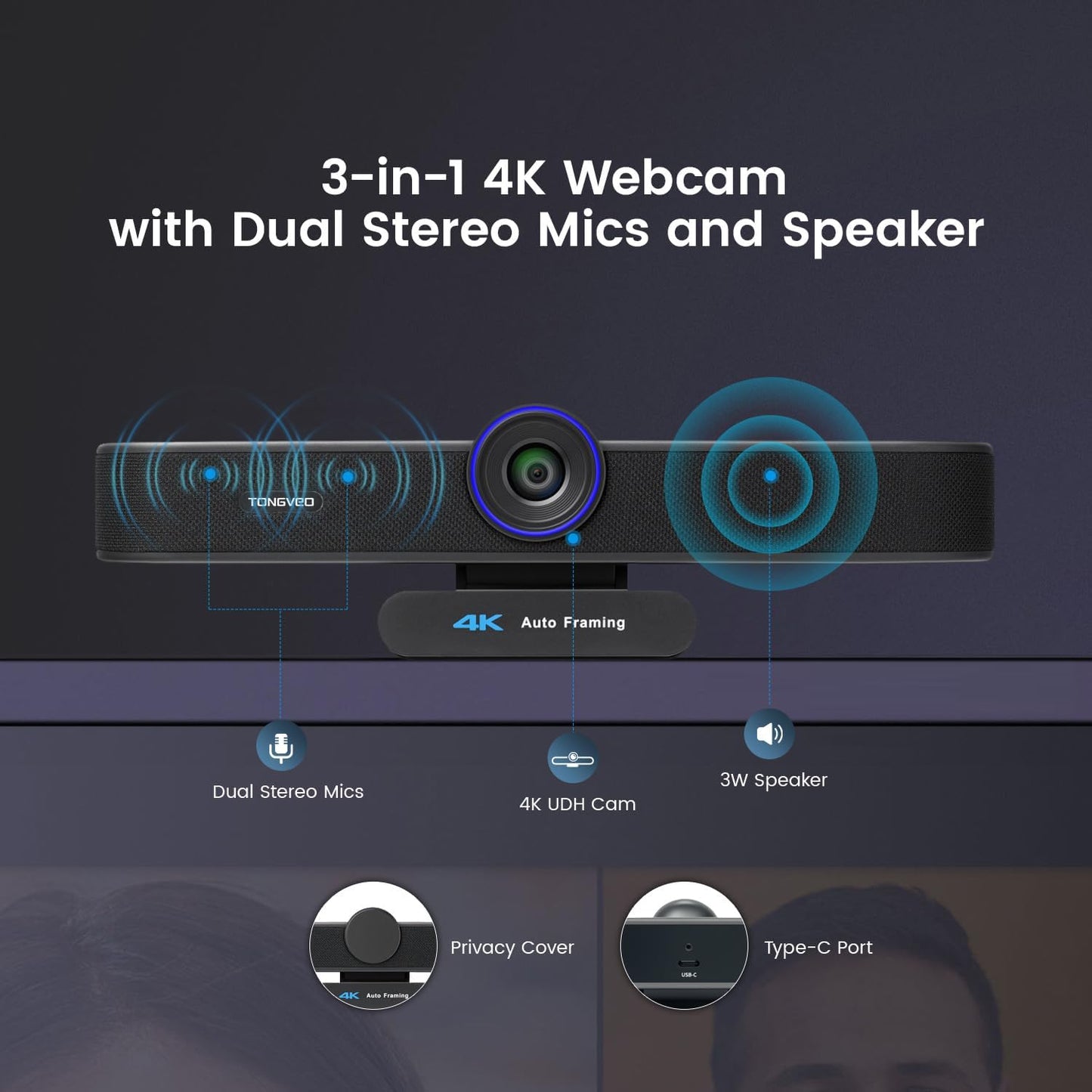 Tongveo AI Tracking 4K Webcam – 5x Zoom, ePTZ, 4 Mics + Speaker, Remote Control (Wide Angle)