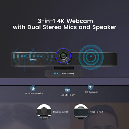 Tongveo AI Tracking 4K Webcam – 5x Zoom, ePTZ, 4 Mics + Speaker, Remote Control (Wide Angle)