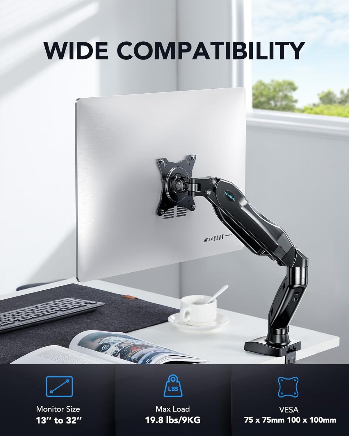 Single Monitor Arm Desk Mount | 13–32” Screens, Tool-Free Height Adjust, Tilt Swivel Rotate, VESA 75/100mm — Black
