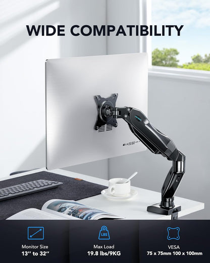 Single Monitor Arm Desk Mount | 13–32” Screens, Tool-Free Height Adjust, Tilt Swivel Rotate, VESA 75/100mm — Black