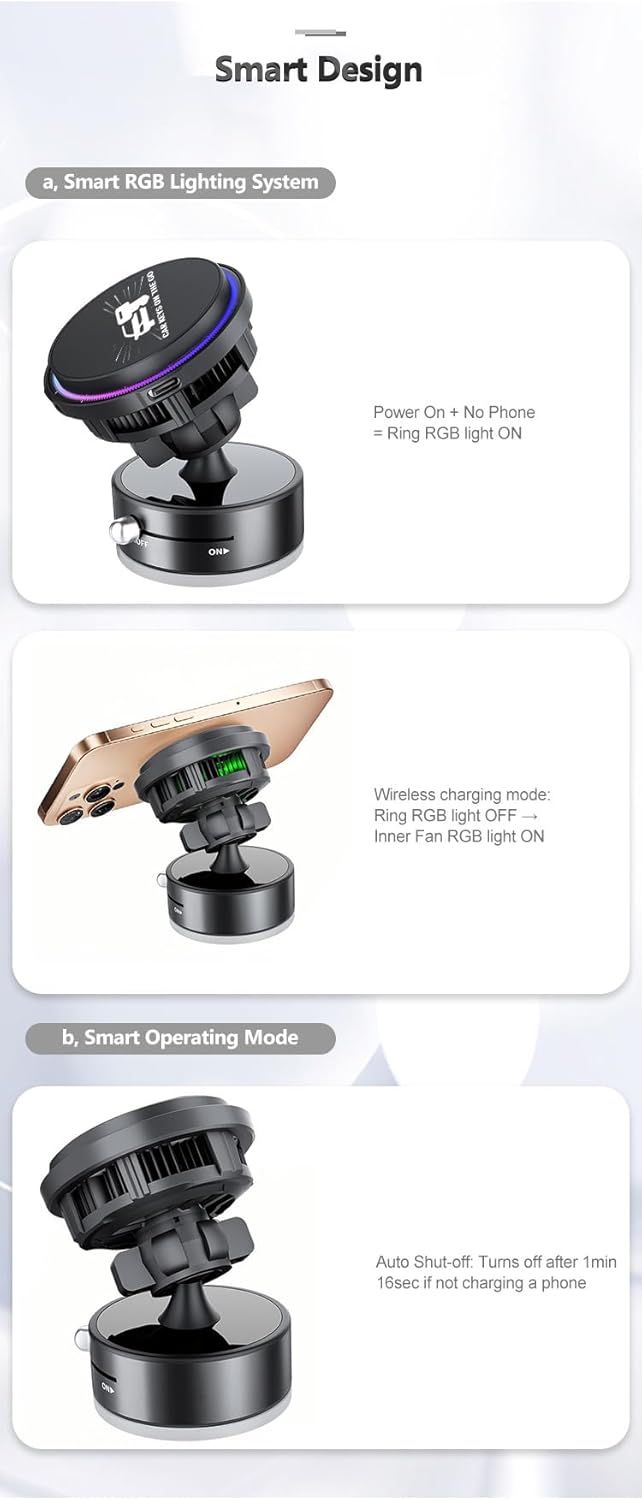 3‑in‑1 Wireless Car Charger with Cooling Fan – 15W Fast Charging Magnetic Phone Holder (Dashboard/Windscreen)